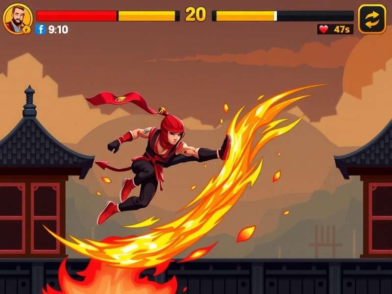 Fire Rush Ninja gameplay screenshot showing ninja character performing acrobatic moves